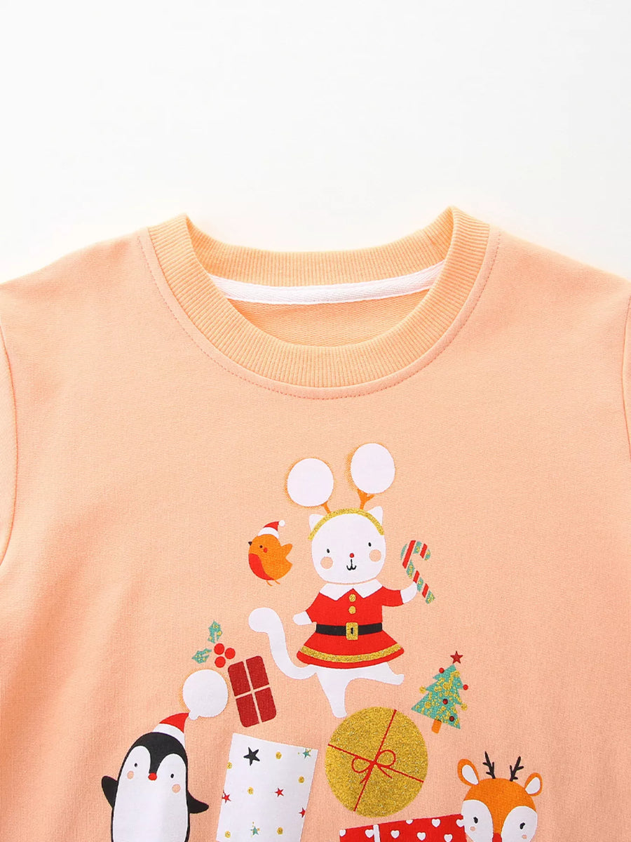 Children's crewneck sweatshirt in peach with festive Christmas cat, penguin, deer, and gift print.