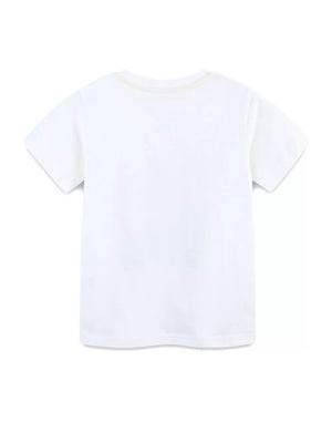 White cotton t-shirt with short sleeves and a crew neck, featuring a subtle graphic detail on the back.