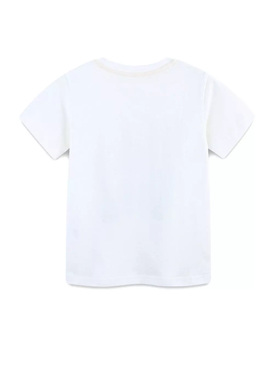 White cotton t-shirt with short sleeves and a crew neck, featuring a subtle graphic detail on the back.