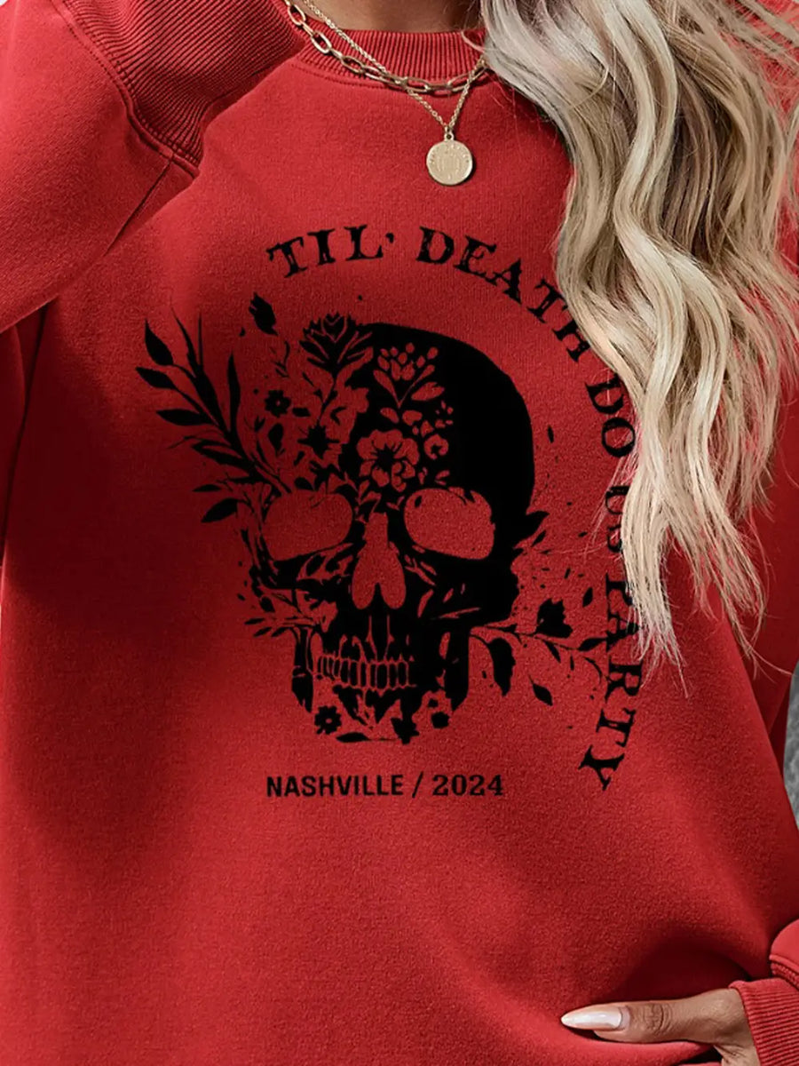 Deep Red sweatshirt with floral skull graphic and text.