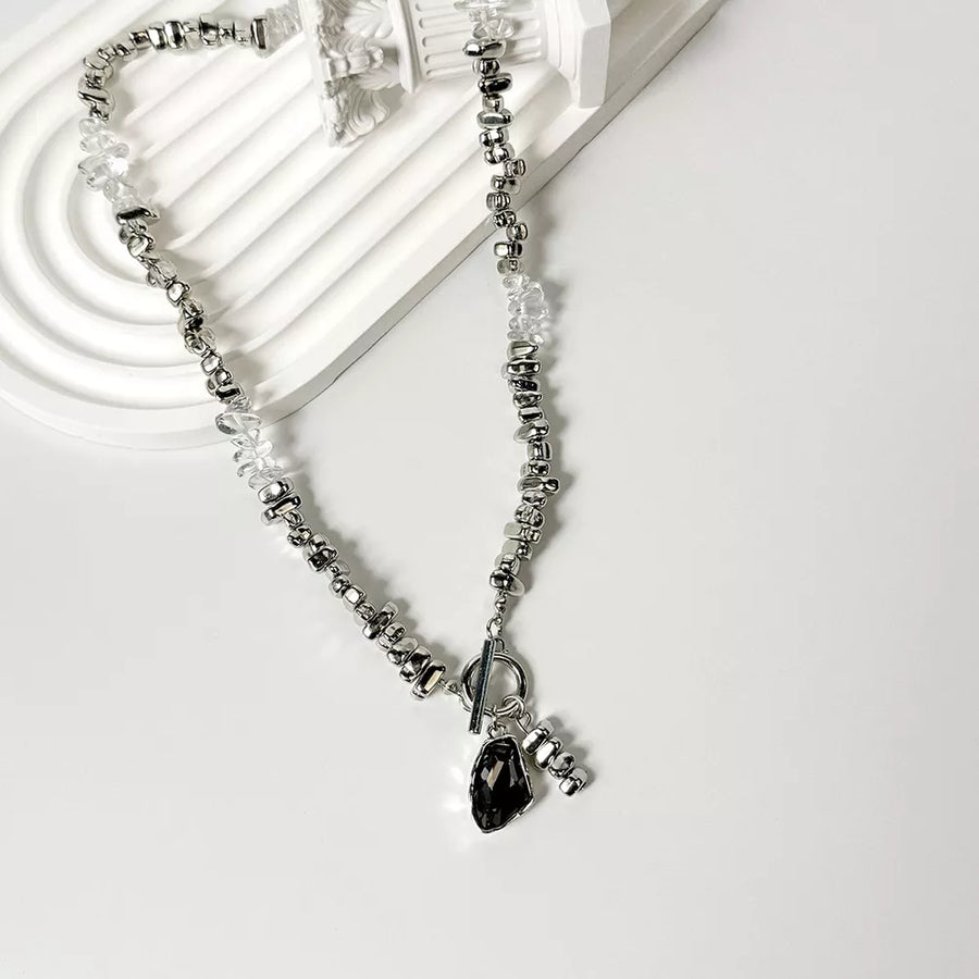 Chunky Gemstone Pendant Necklace Alloy Resin in Black