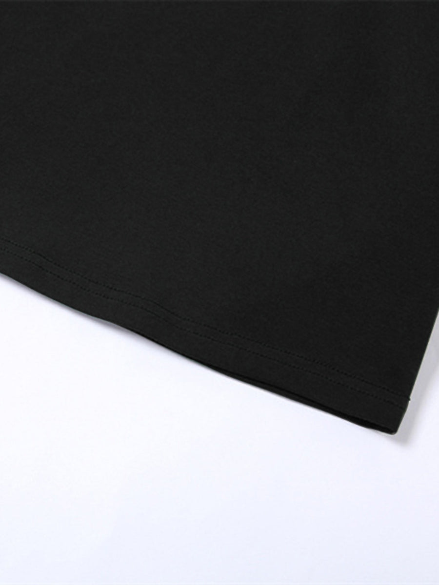 Black cropped t-shirt with crew neck and double-stitched hem detail.