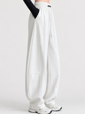 Full Size Drawstring Loose Fit Wide-Leg Sweatpants in White Gray-Spring And Fall-Tall with seam detail
