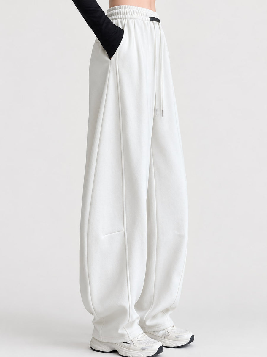 Full Size Drawstring Loose Fit Wide-Leg Sweatpants in White Gray-Spring And Fall-Tall with seam detail
