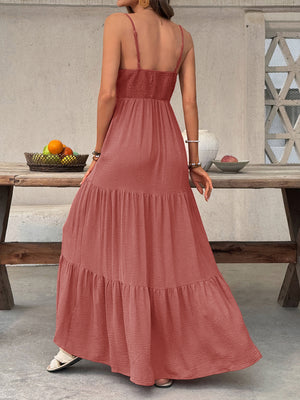 Coral tiered maxi dress with smocked bodice and spaghetti straps