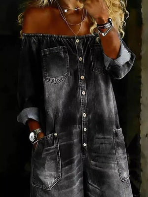Black off-shoulder denim jumpsuit with button-down front and chest and hip pockets.