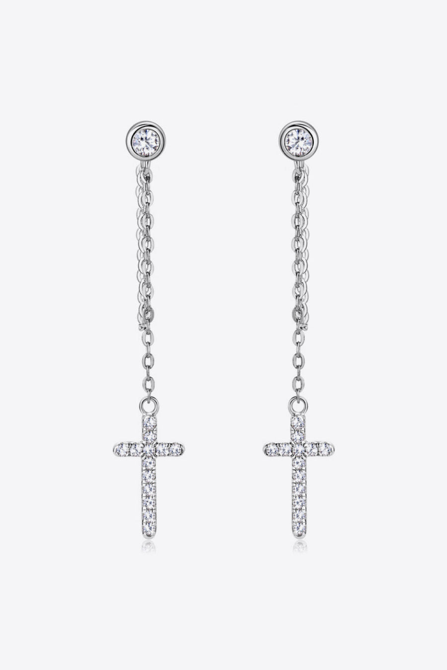 Silver dangling cross chain stud earrings with clear stones