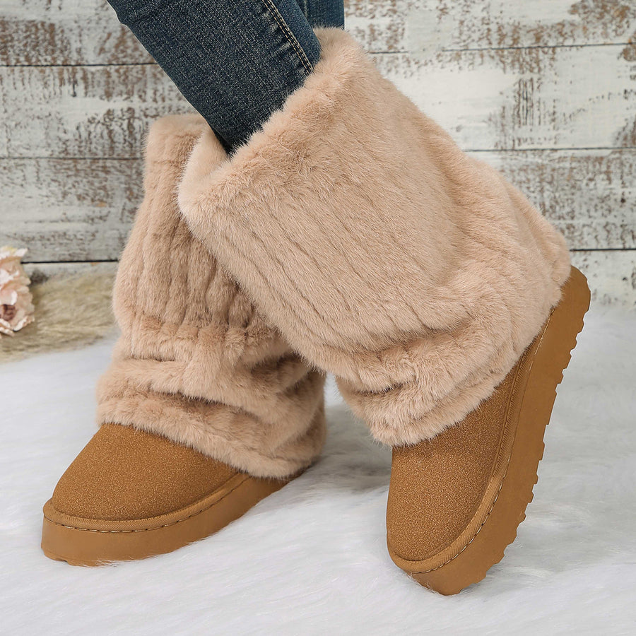Suede Chunky-Sole Round Toe Platform Boots in light beige with round toe