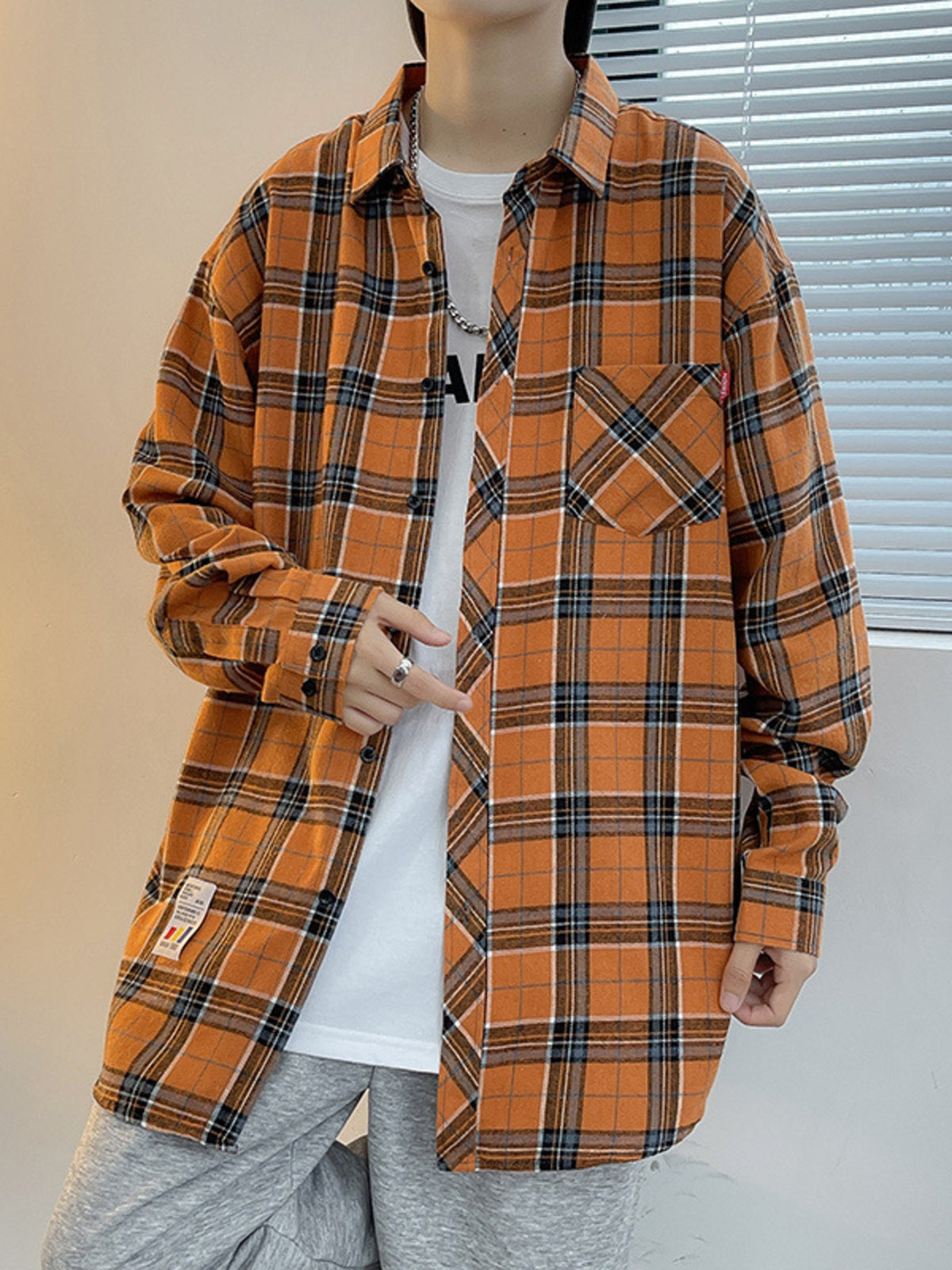 Orange plaid long sleeve shirt with chest pocket