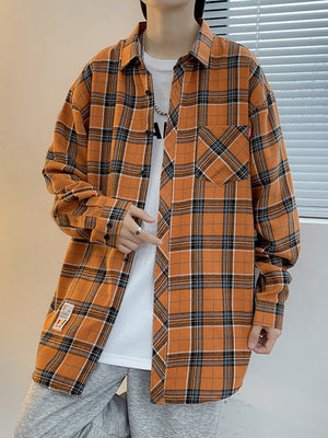 Orange plaid long sleeve shirt with chest pocket