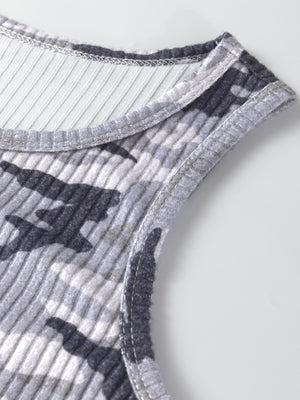 Gray ribbed knit camouflage tank top with crew neck detail.