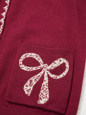 Bow Pocket Collar Long Sleeve Knit Cardigan in Burgundy with buttoned