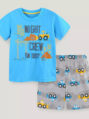 Toddler blue cotton blend construction print t-shirt and grey shorts set