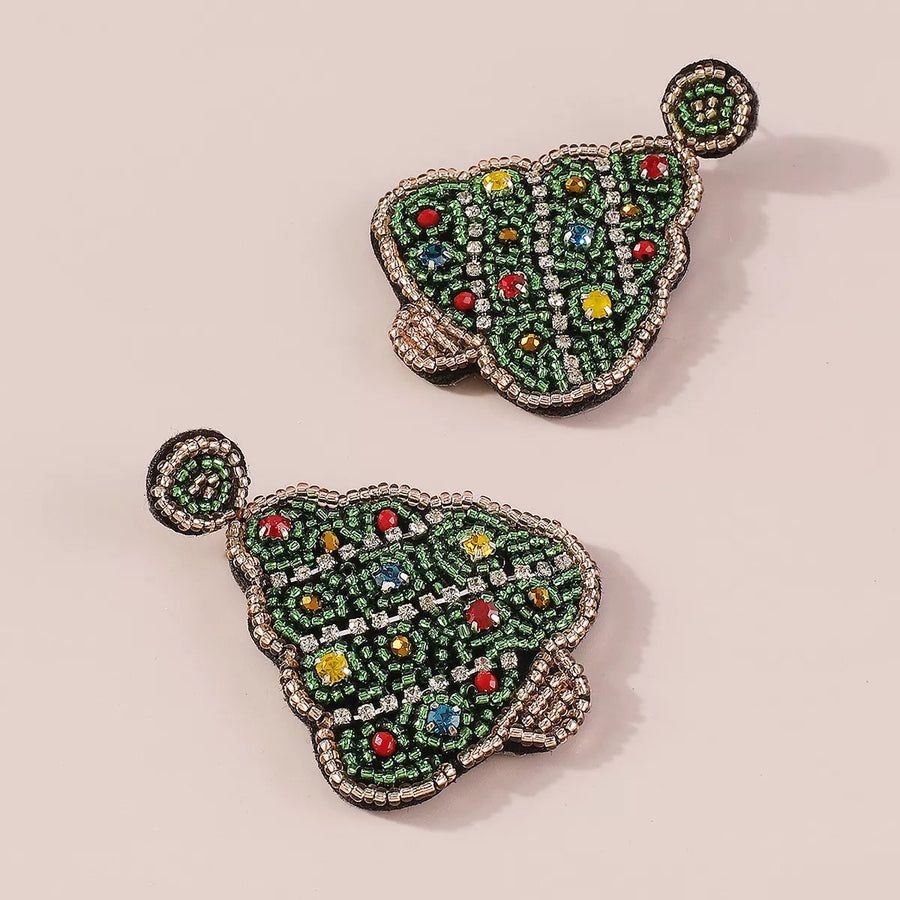 Festive tree dangle earrings in dark green, beaded with colorful crystals and gold trim.