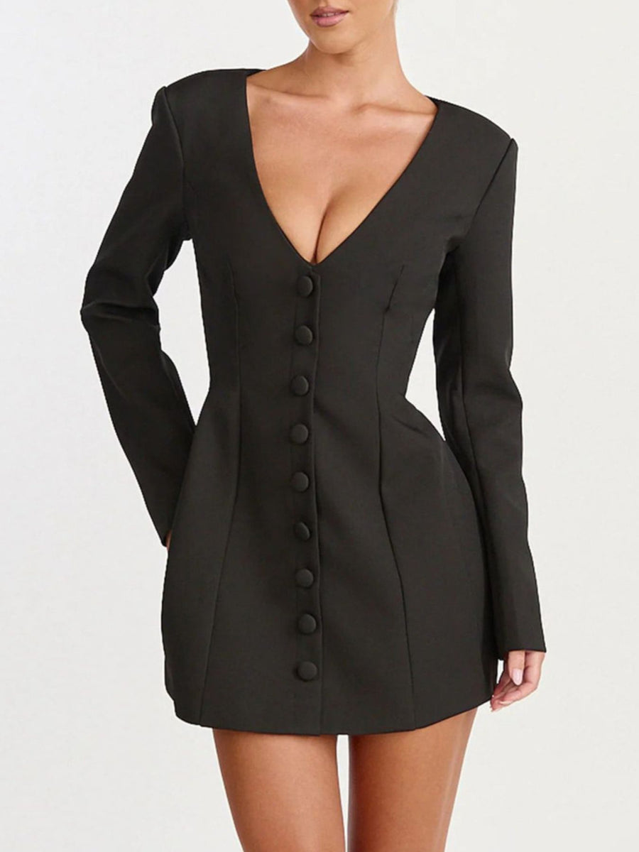 Wine Red A-line blazer dress with deep v-neck