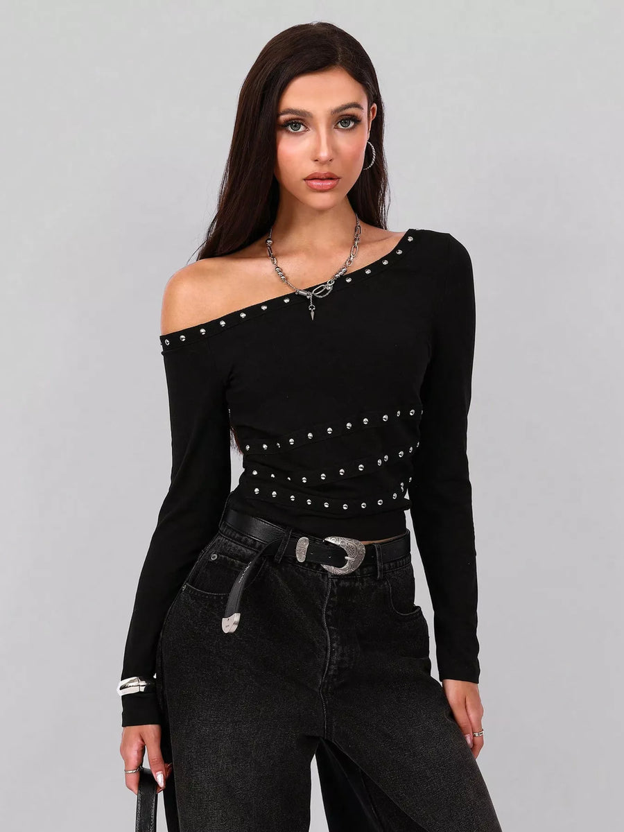 Black one shoulder t-shirt with studded details and long sleeves.