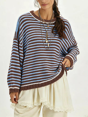 brown pullover sweater with striped and crew neck