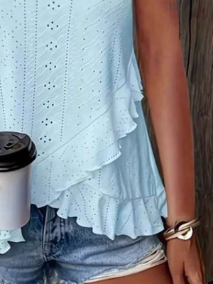 Pink V-neck Eyelet Ruffled Tank Top