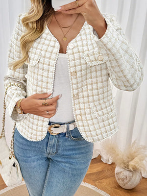 Apricot tweed button up jacket with pearl trim and gold buttons.