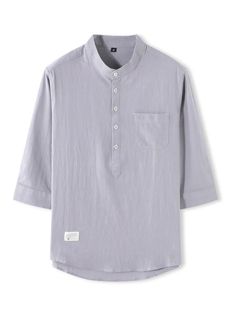 Grey cotton casual shirt with Mandarin collar, 3/4 sleeves, and chest pocket.