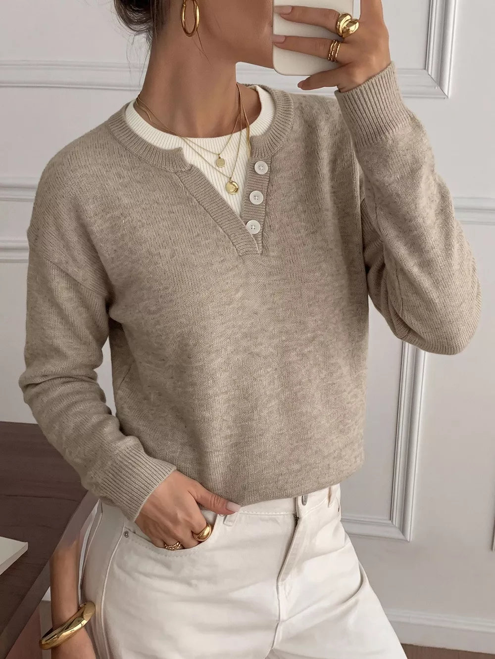 Khaki with Dropped Shoulder Long Sleeve Sweater in Khaki