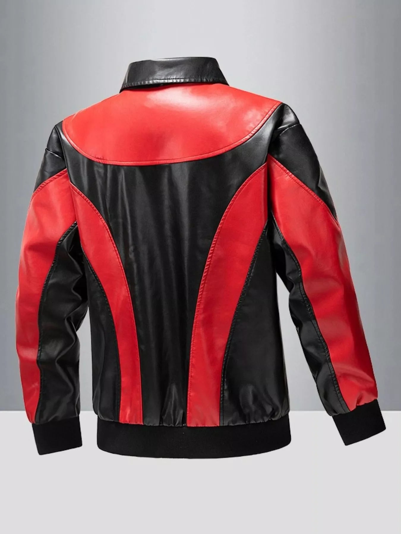 Men's two-tone red and black leather zip jacket with a collared neckline and ribbed cuffs.