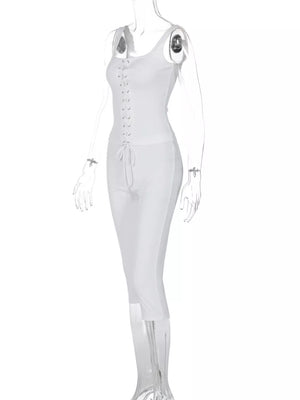 White ribbed lace-up tank top and capri pants ensemble