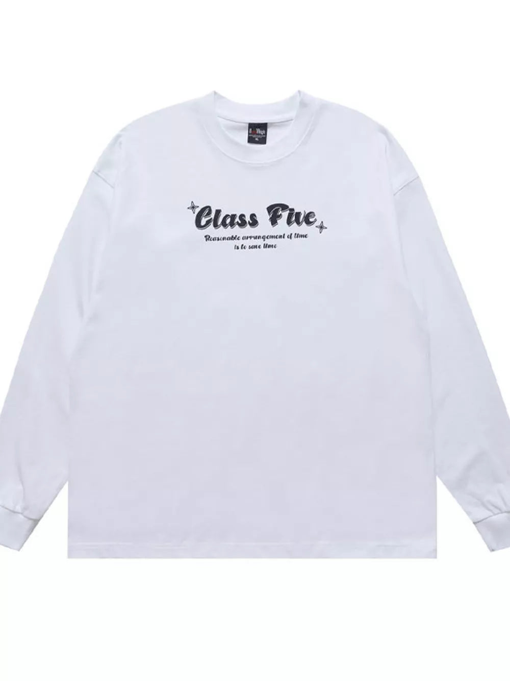 White cotton blend graphic long sleeve tee with Class Five text detail.