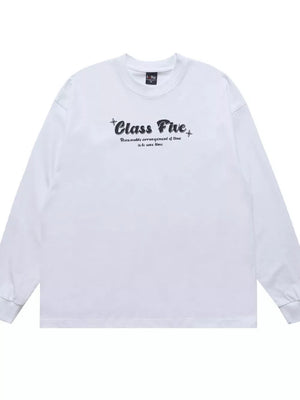 White cotton blend graphic long sleeve tee with Class Five text detail.