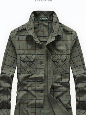 Plus-size casual long-sleeve shirt in Army Green plaid with button-flap chest pockets.