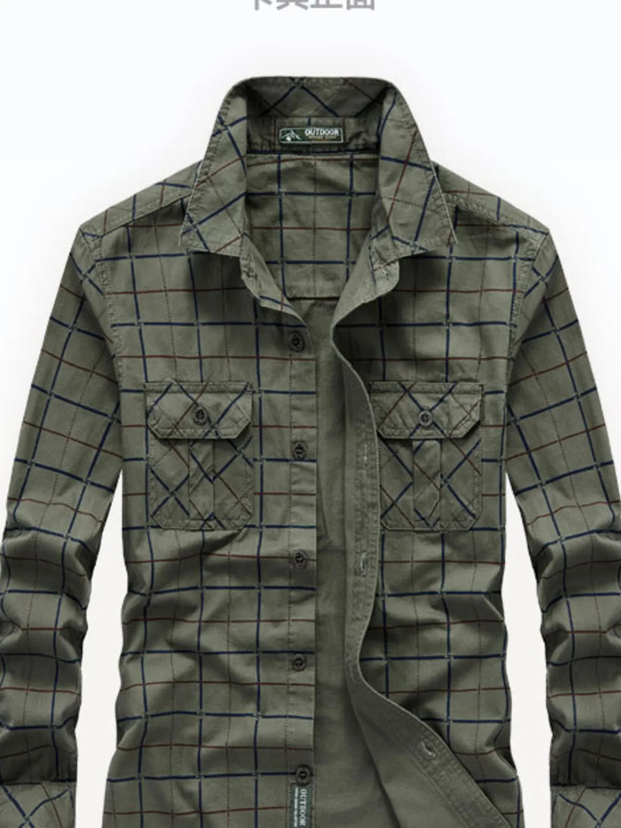 Plus-size casual long-sleeve shirt in Army Green plaid with button-flap chest pockets.