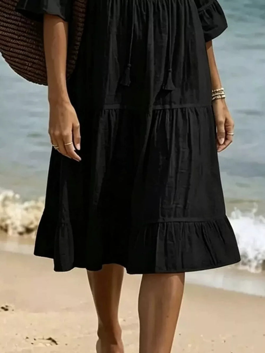 Full Size Tiered Tie Neck Flounce Sleeve Dress in Black with tied neck