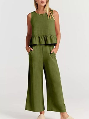 Green Ruffled Hem Sleeveless Top And Wide-leg Pants Set Plus Size
