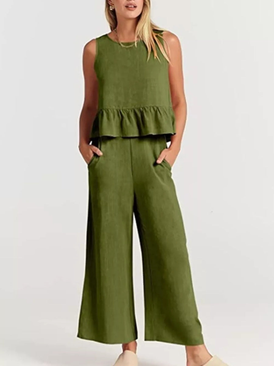 Green Ruffled Hem Sleeveless Top And Wide-leg Pants Set Plus Size