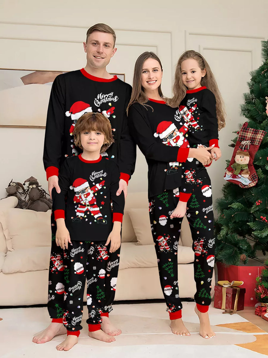black pajama set with novelty print and crew neck