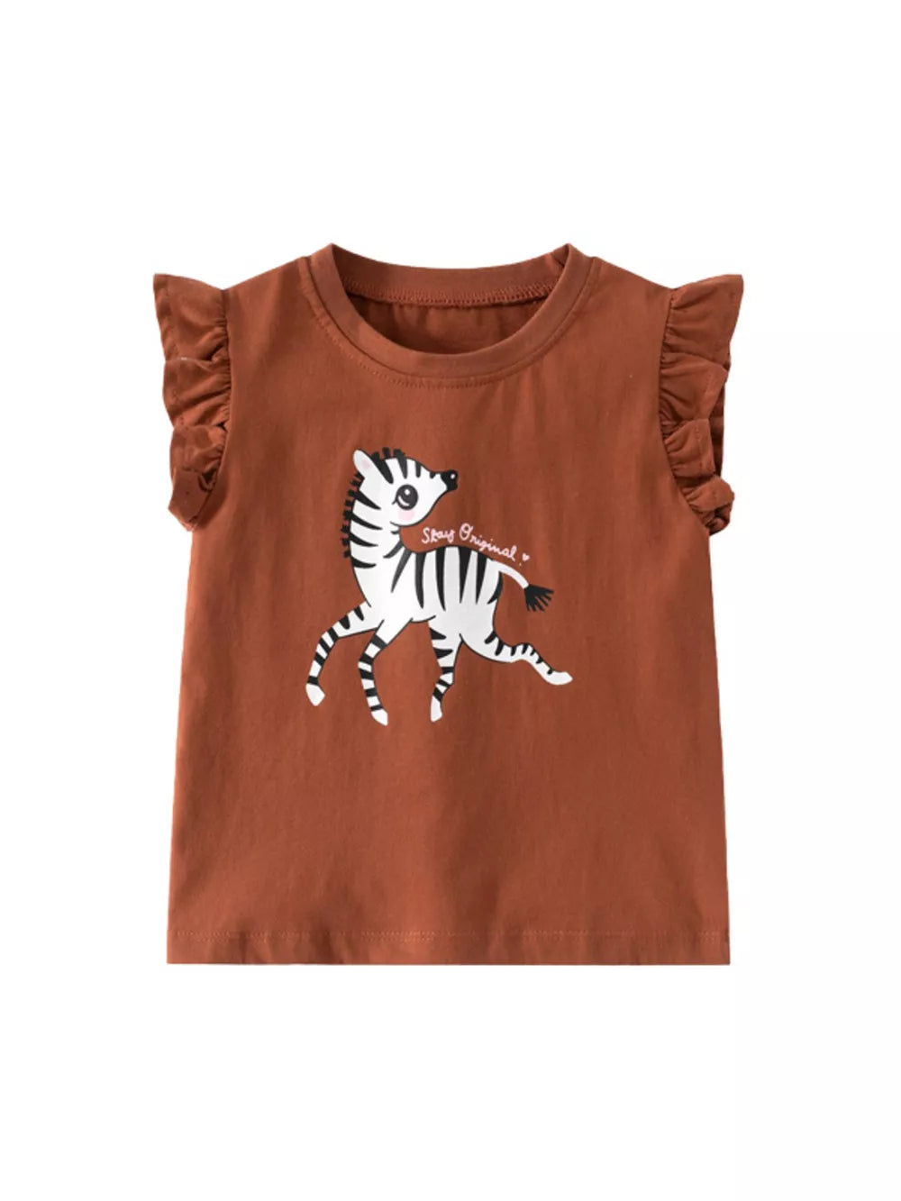 Brown cotton tee with playful zebra graphic and ruffle sleeves