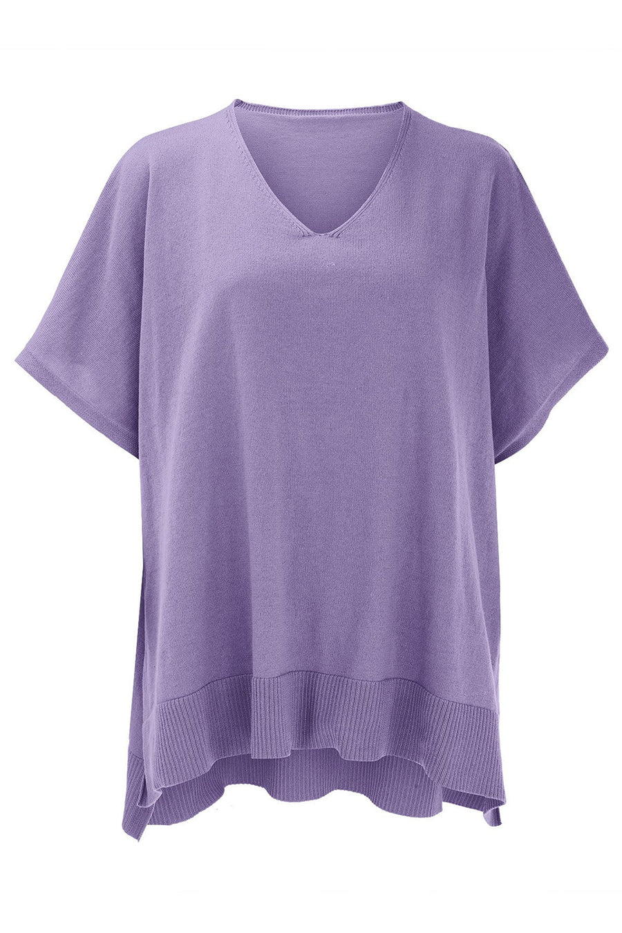 Relaxed V-neck knit poncho top in lavender with ribbed hem and short sleeves.