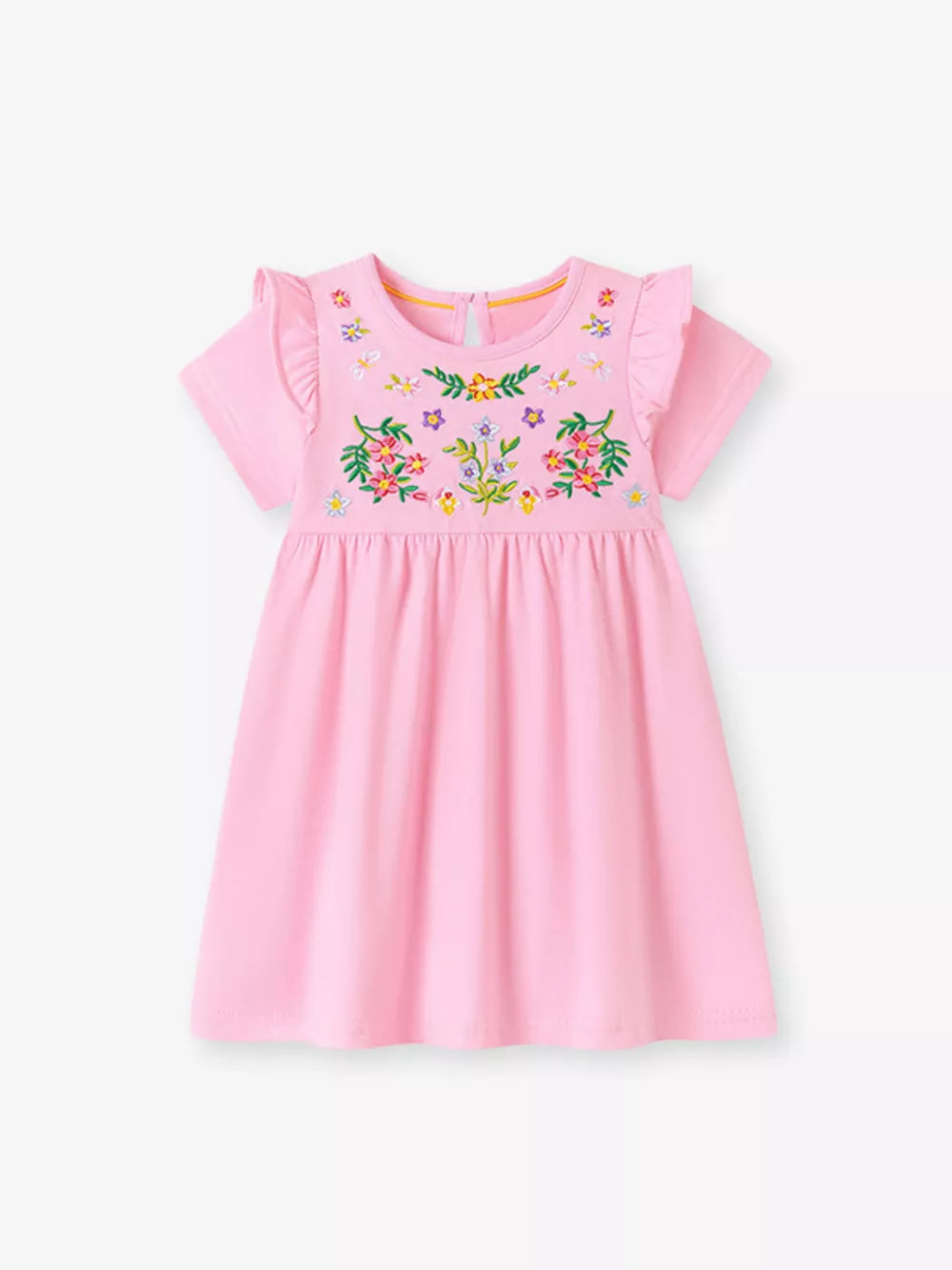Pink cotton dress with embroidered floral bouquet and ruffle sleeves