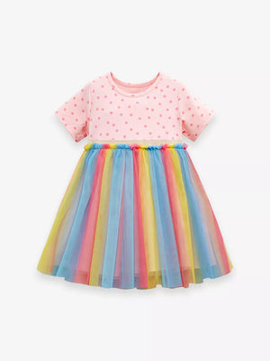 Toddler rainbow tulle dress with pink polka dot cotton top and short sleeves.