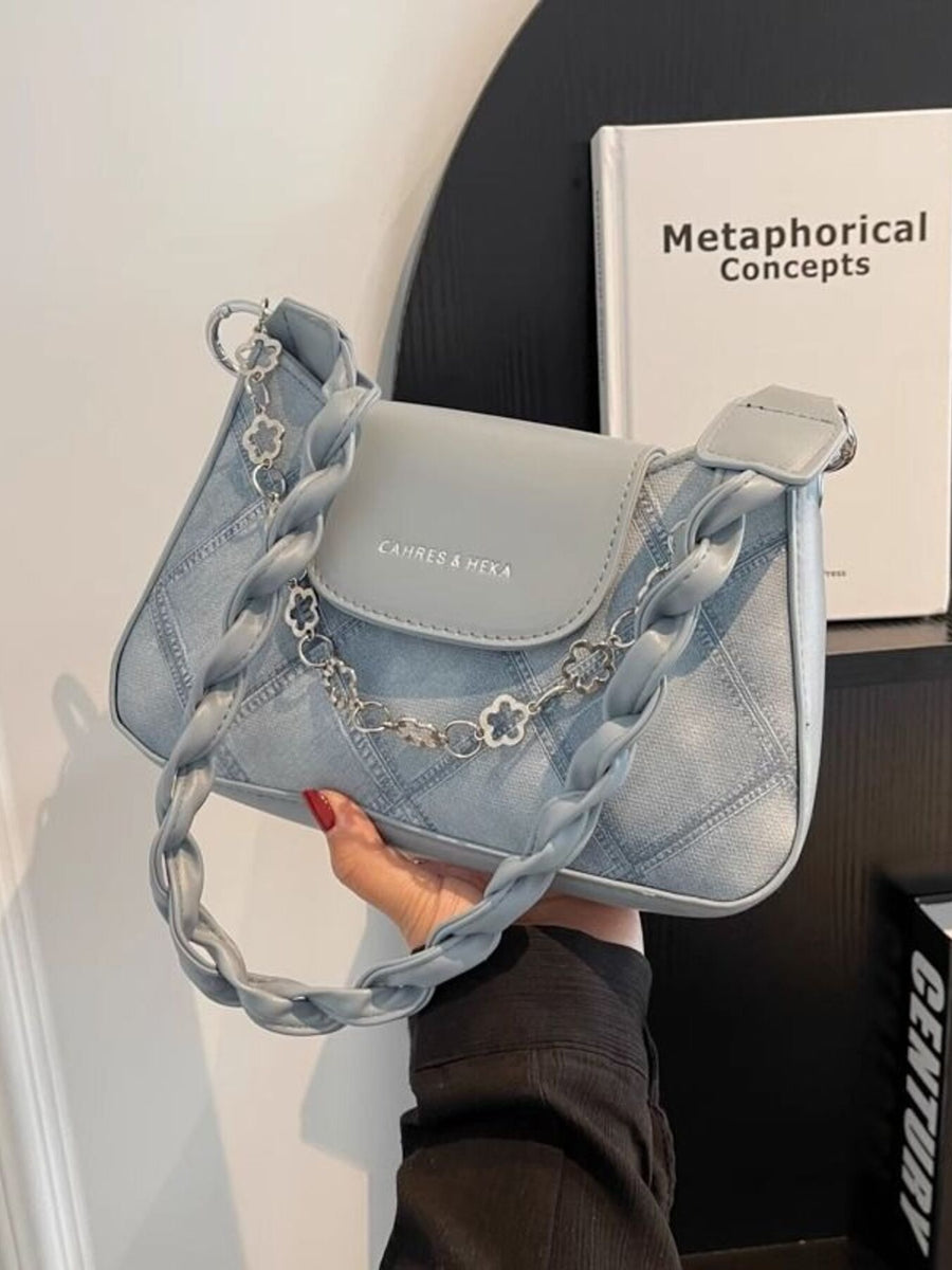 Blue textured leather shoulder bag with braided strap and chain detail
