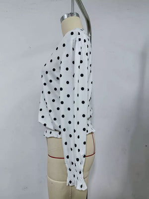 Black with Polka Dot V-neck Smocked Blouse
