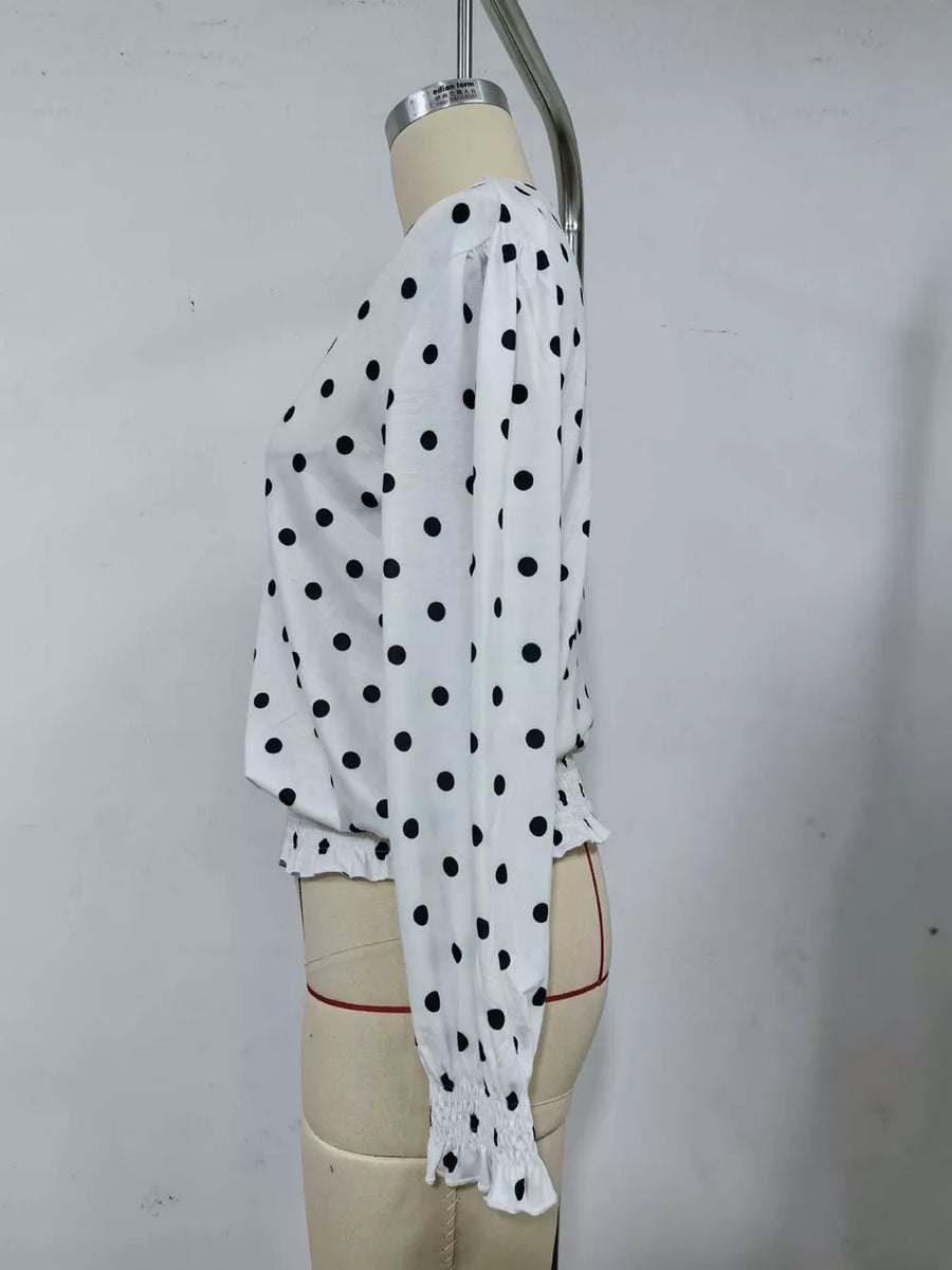 Black with Polka Dot V-neck Smocked Blouse