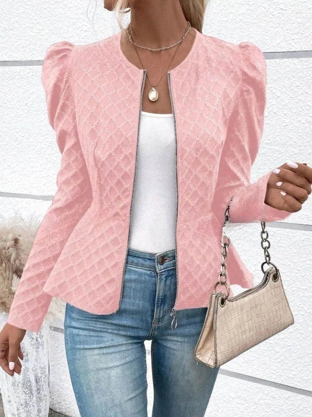 Puff Sleeve Textured Jacquard Jacket in Black