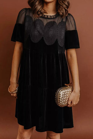 Black with Embroidered Velvet Short Sleeve Mini Dress