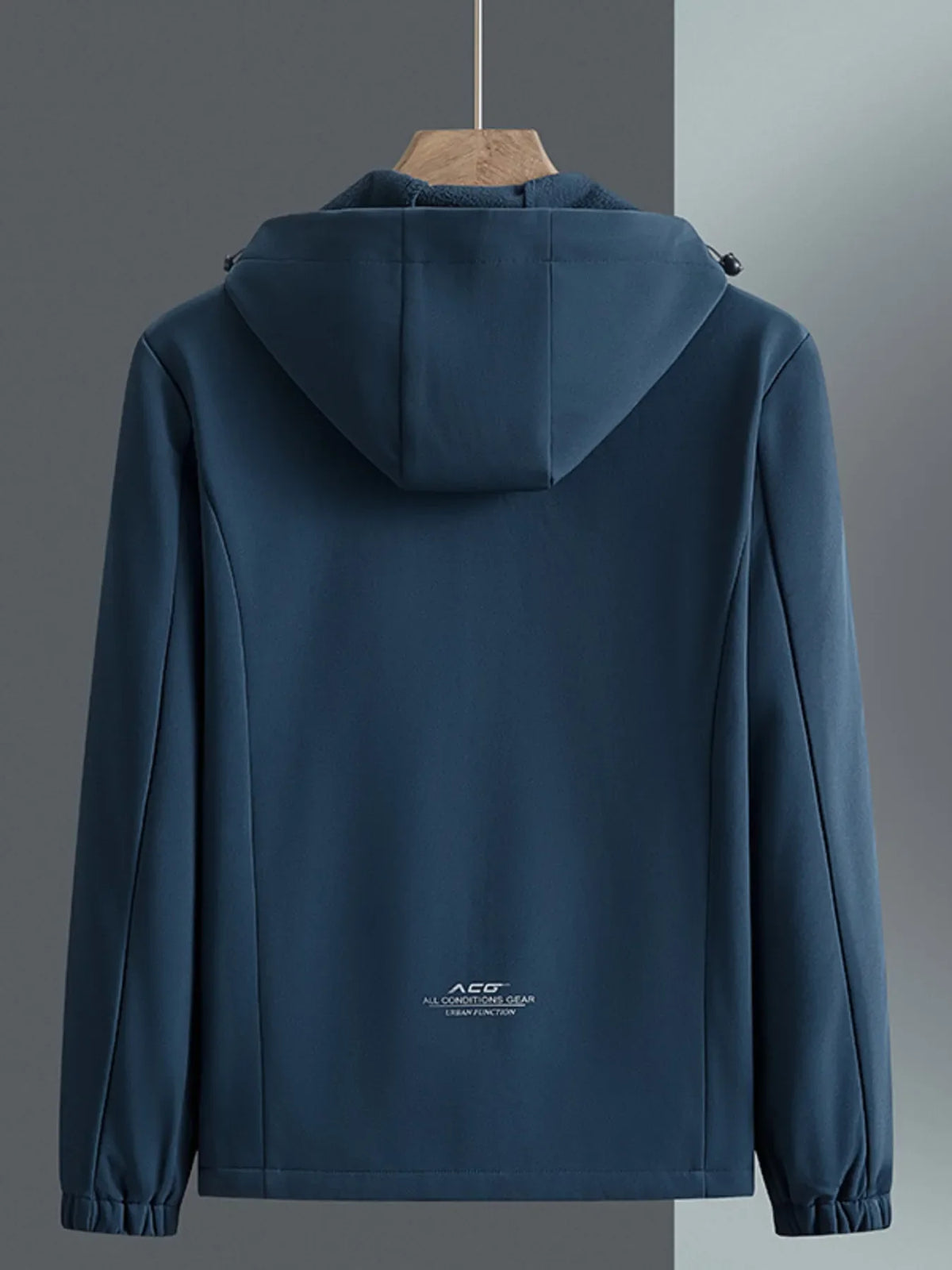 Men's Peacock Blue hooded windbreaker jacket with subtle logo detail on back.