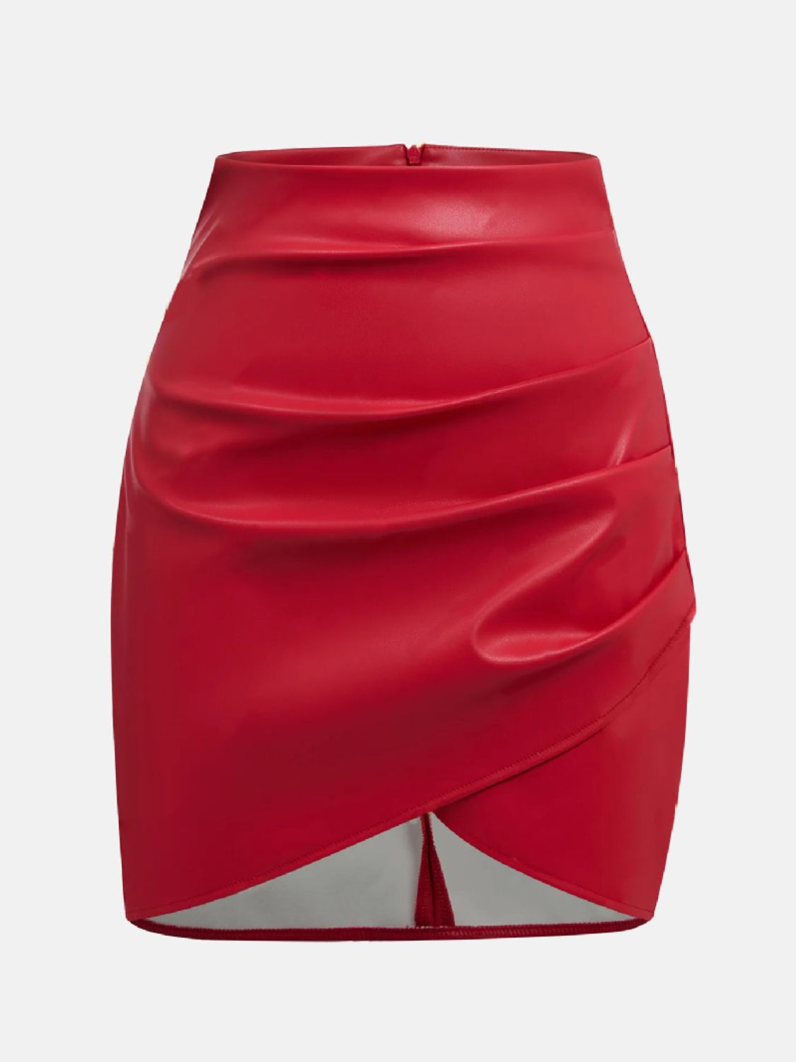 Scarlet faux leather mini skirt with asymmetrical draped detail and wrap hem.