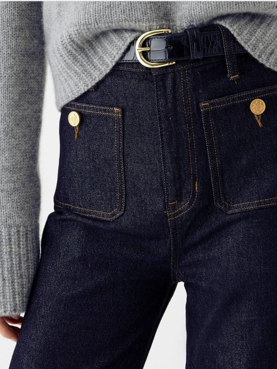 85% cotton, 15% polyester Care instructions: Machine wash cold jeans in Dark Blue with wide-leg silhouette