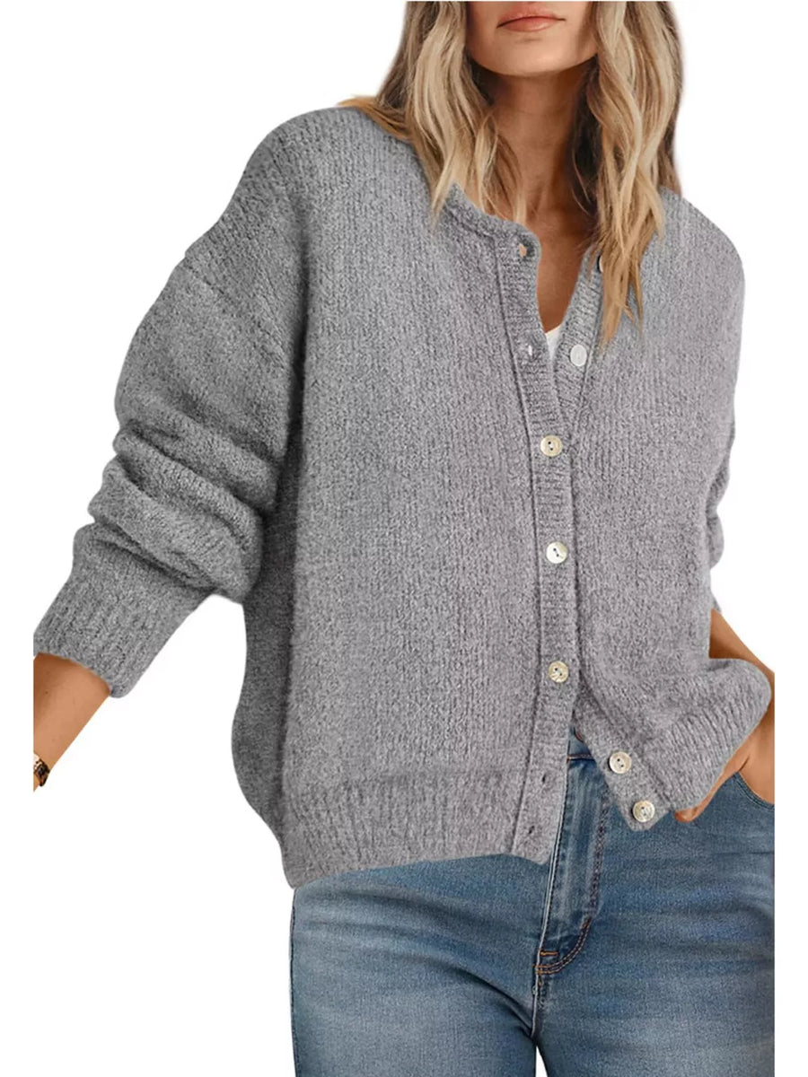 Button-down Dropped Shoulder Cardigan in Navy Blue with buttoned