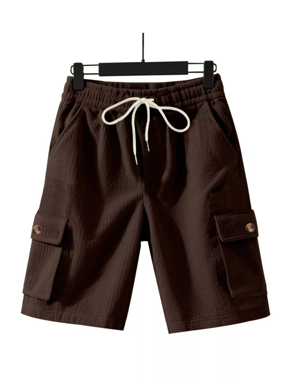 Brown textured drawstring cargo shorts with button flap pockets.