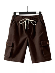 Brown textured drawstring cargo shorts with button flap pockets.